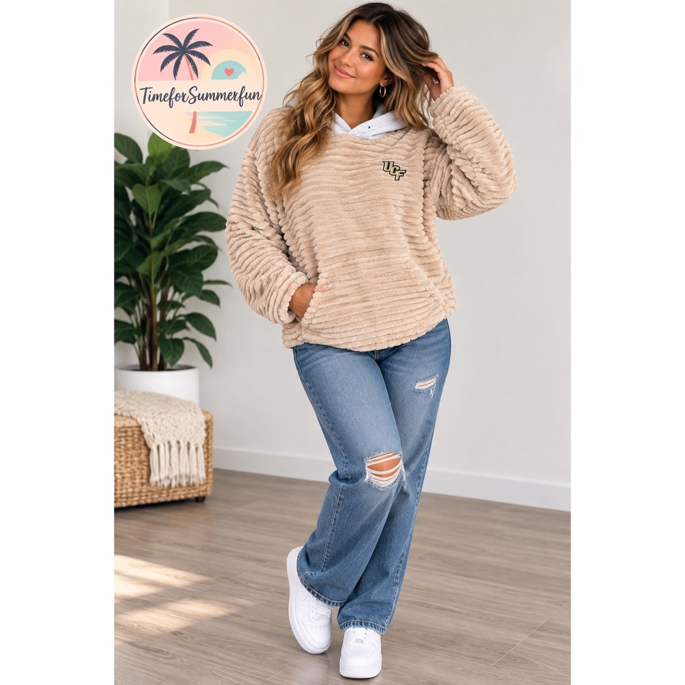 Rivalry Threads UCF Knights Womens Ribbed Faux Fur Hoodie Tan Grey L Large NWT